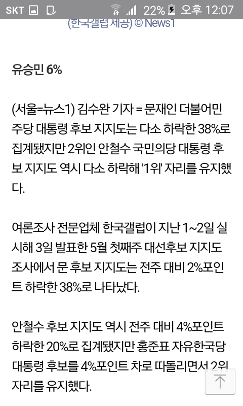 한국갤럽 문 38 안 20 홍 16 심 8 유 6 | 인스티즈