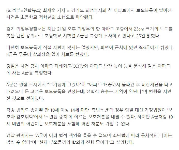 의정부 아파트서 보도블록 던진 범인은 초등학생..처벌 불가 | 인스티즈